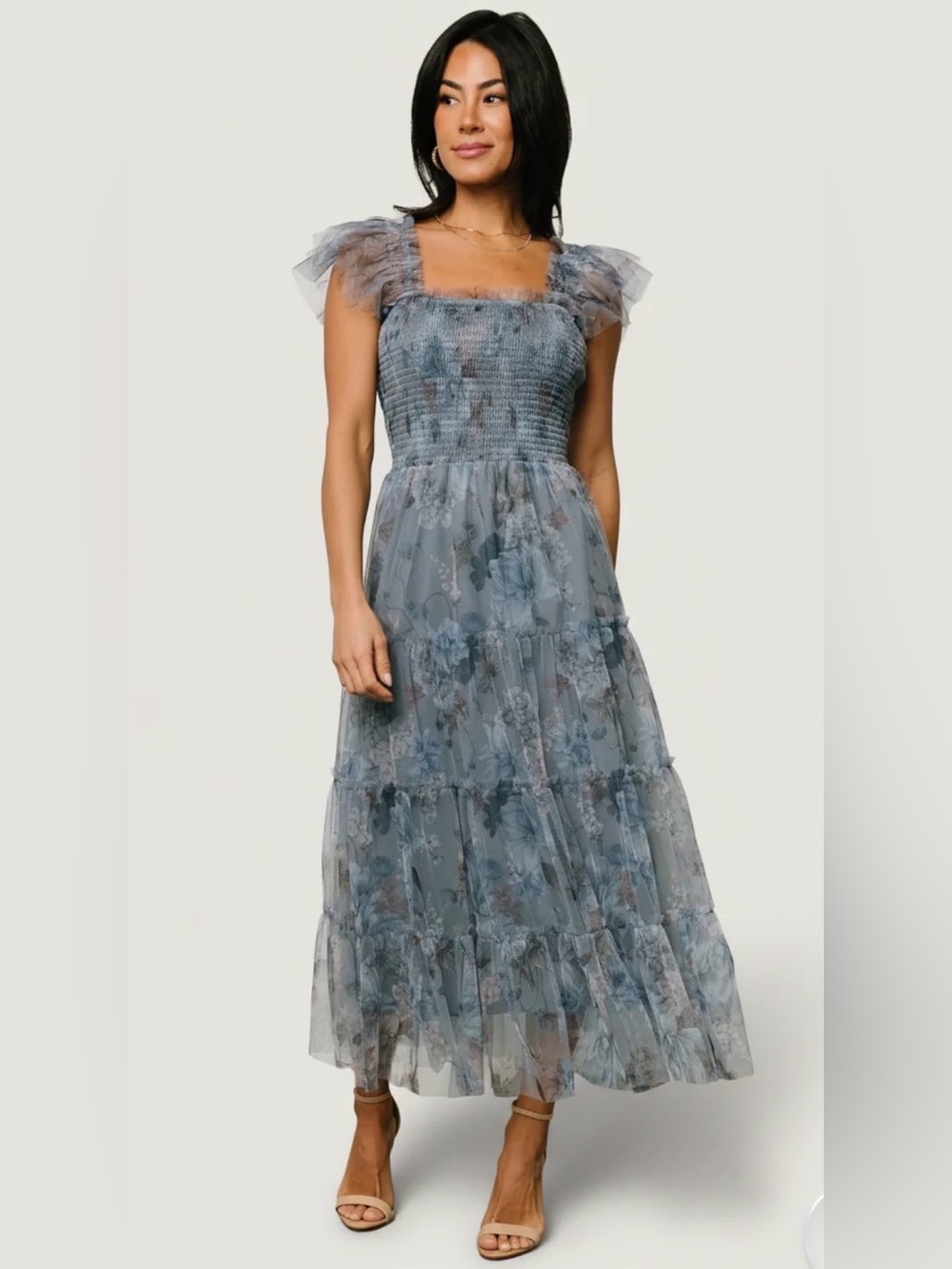 Baltic Born Clementine Tulle Midi Dress In Dusty Blue Floral Size Medium Smocked